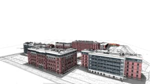 Model BIM 14 budynków Kampusu Politechniki Krakowskiej przy ul. Warszawskiej 24 w Krakowie. Inwentaryzacja metodą skaningu laserowego.