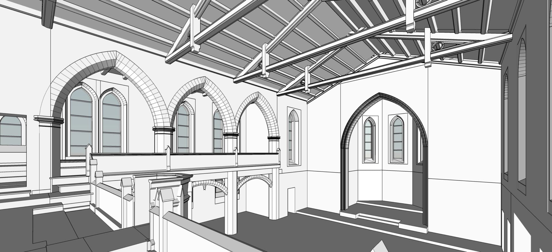 Inwentaryzacja architektoniczna 3d więźby dachowej kościoła św. Piotra Apostoła w Międzyzdrojach