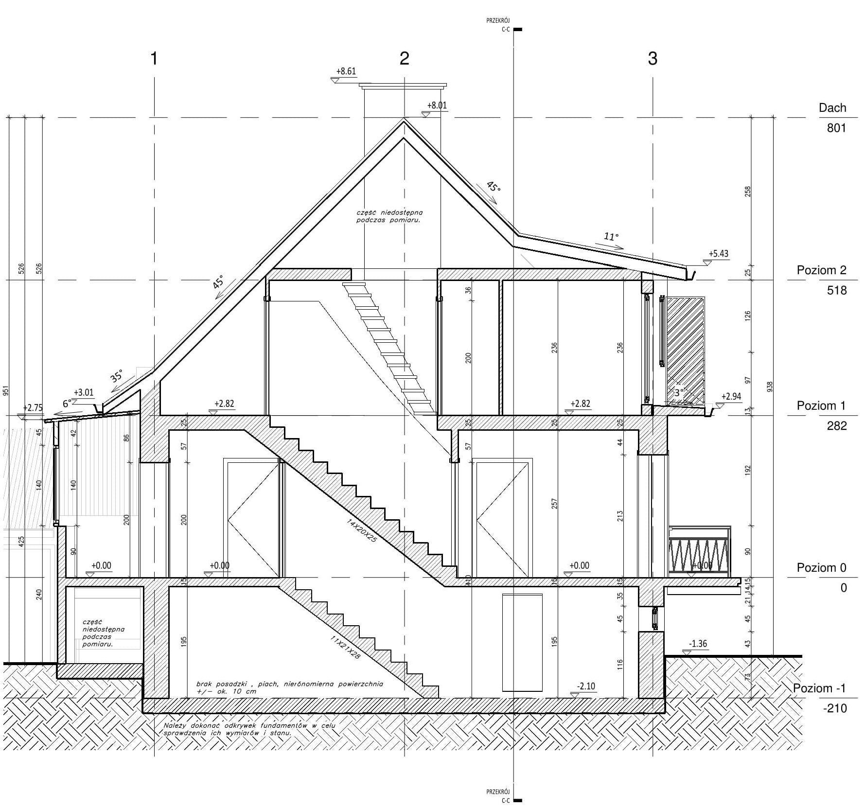 Inwentaryzacja budowlana przekrój Gdów